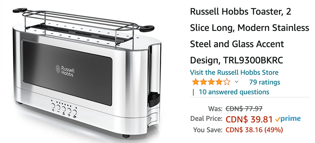 Amazon Canada Deals: Save 49% on Russell Hobbs Toaster, 2 Slice Long + 37% on Espresso Machine + 73% on Wireless Earbuds in-Ear with Coupon + More Offer