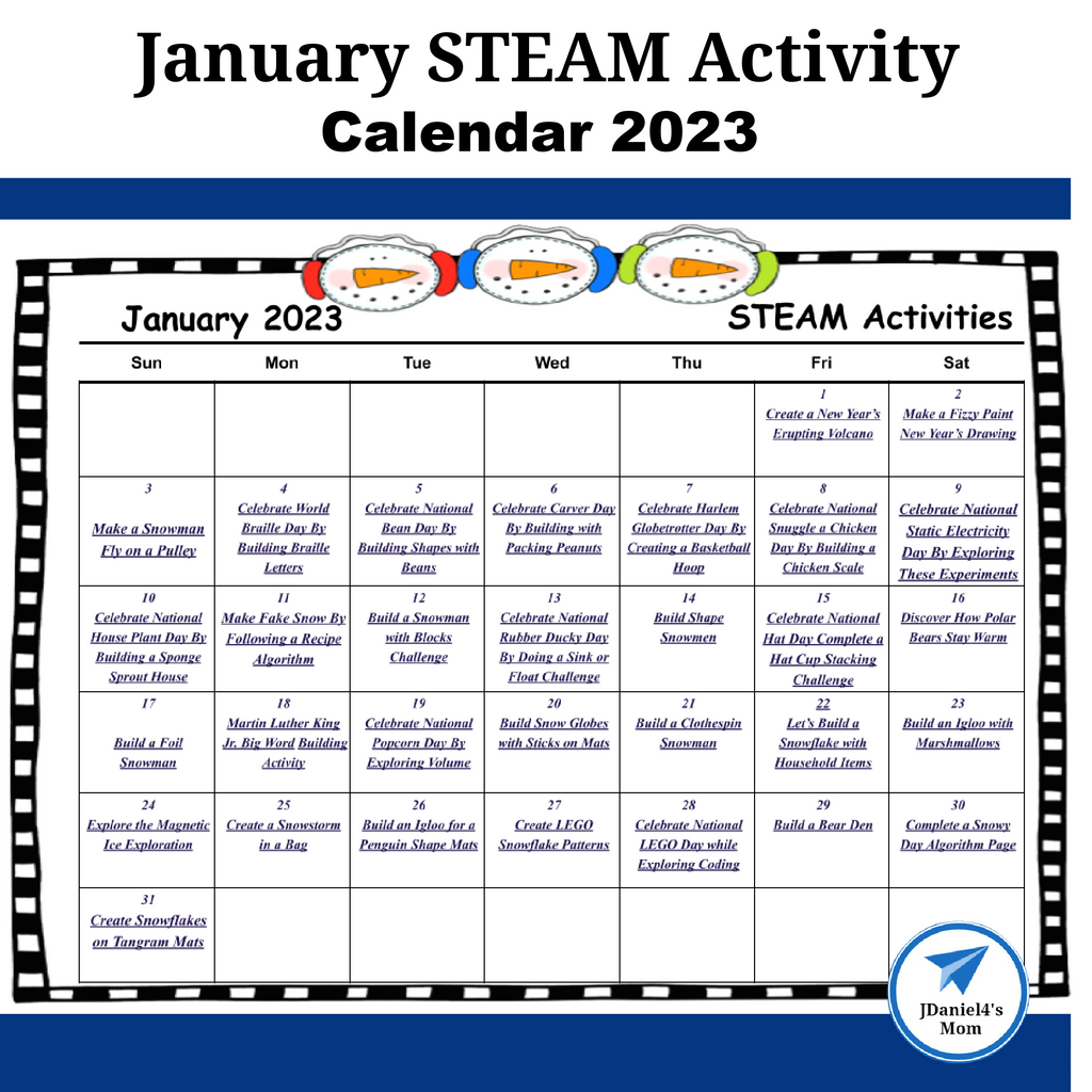 January STEAM Activity Calendar 2023